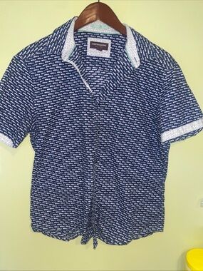 Johnston & Murphy Navy Short-Sleeve Fishbone Printed Button-Down Shirt